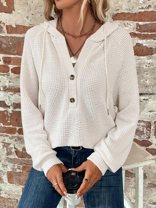 Waffle Knit Long Sleeve Drawstring Hooded Top -Ships 12/14