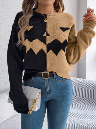 Spooky Contrast Round Neck Long Sleeve Sweater -Ships 9/15