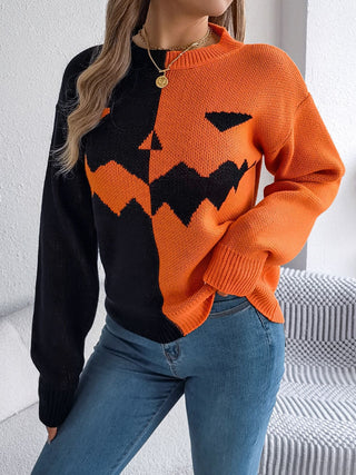 Spooky Contrast Round Neck Long Sleeve Sweater -Ships 9/15