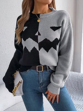 Spooky Contrast Round Neck Long Sleeve Sweater -Ships 9/15