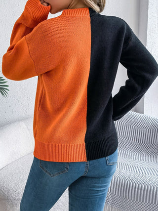 Spooky Contrast Round Neck Long Sleeve Sweater -Ships 9/15