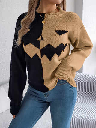 Spooky Contrast Round Neck Long Sleeve Sweater -Ships 9/15