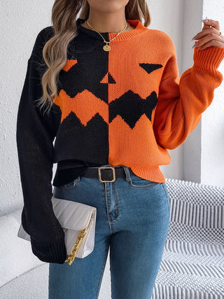 Spooky Contrast Round Neck Long Sleeve Sweater -Ships 9/15