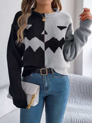 Spooky Contrast Round Neck Long Sleeve Sweater -Ships 9/15