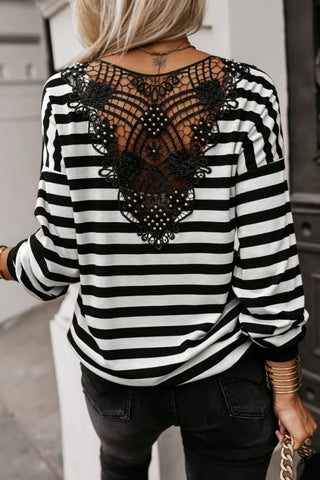 Striped Lace Detail V Neck Top  - Ships 1/6