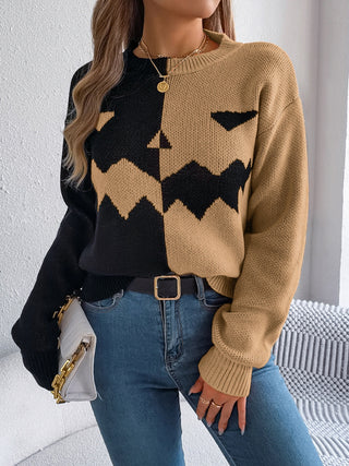 Spooky Contrast Round Neck Long Sleeve Sweater -Ships 9/15