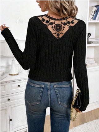 Lace Detail V-Neck Long Sleeve T-Shirt - Ships 12/12