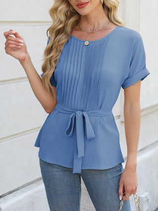 Tied Pleated Round Neck Short Sleeve Top - Ships 1/8