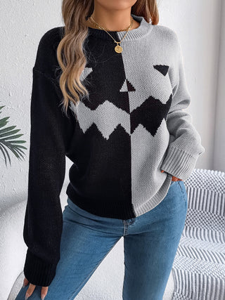 Spooky Contrast Round Neck Long Sleeve Sweater -Ships 9/15