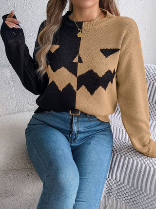 Spooky Contrast Round Neck Long Sleeve Sweater -Ships 9/15