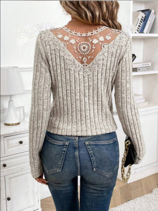 Lace Detail V-Neck Long Sleeve T-Shirt - Ships 12/12