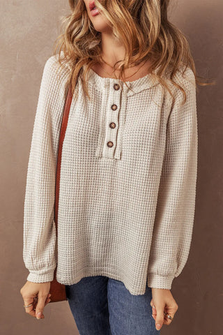 Waffle-Knit Half Button Round Neck Long Sleeve Top -Ships 9/15