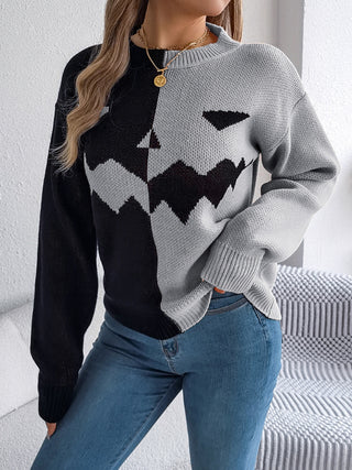 Spooky Contrast Round Neck Long Sleeve Sweater -Ships 9/15