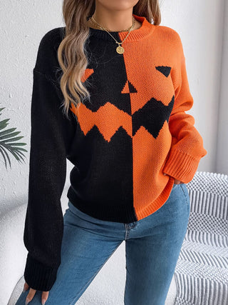 Spooky Contrast Round Neck Long Sleeve Sweater -Ships 9/15