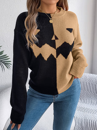 Spooky Contrast Round Neck Long Sleeve Sweater -Ships 9/15