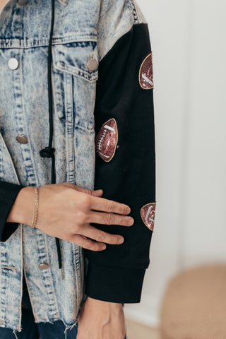 Contrast Denim Hooded Football Jacket