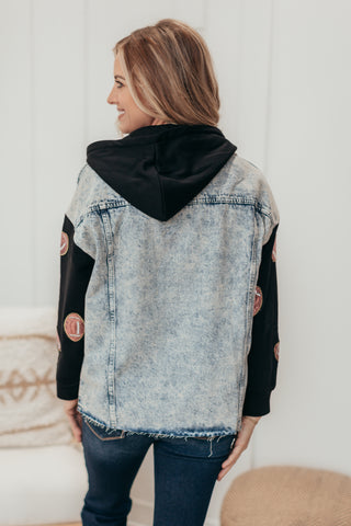 Contrast Denim Hooded Football Jacket