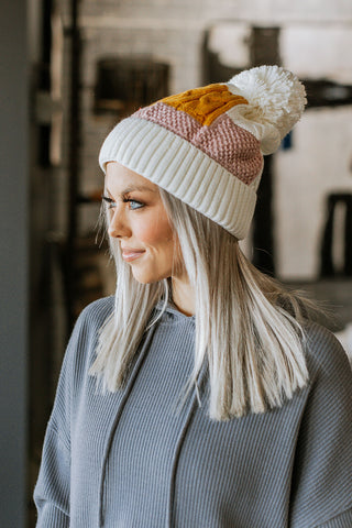 Colorblock Knit Pom Pom Beanie